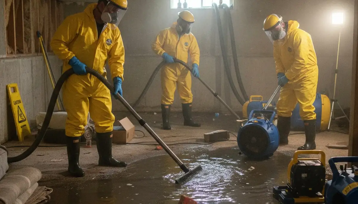 Basement flood cleanup crew removing standing water in Fremont, CA for fast water damage restoration