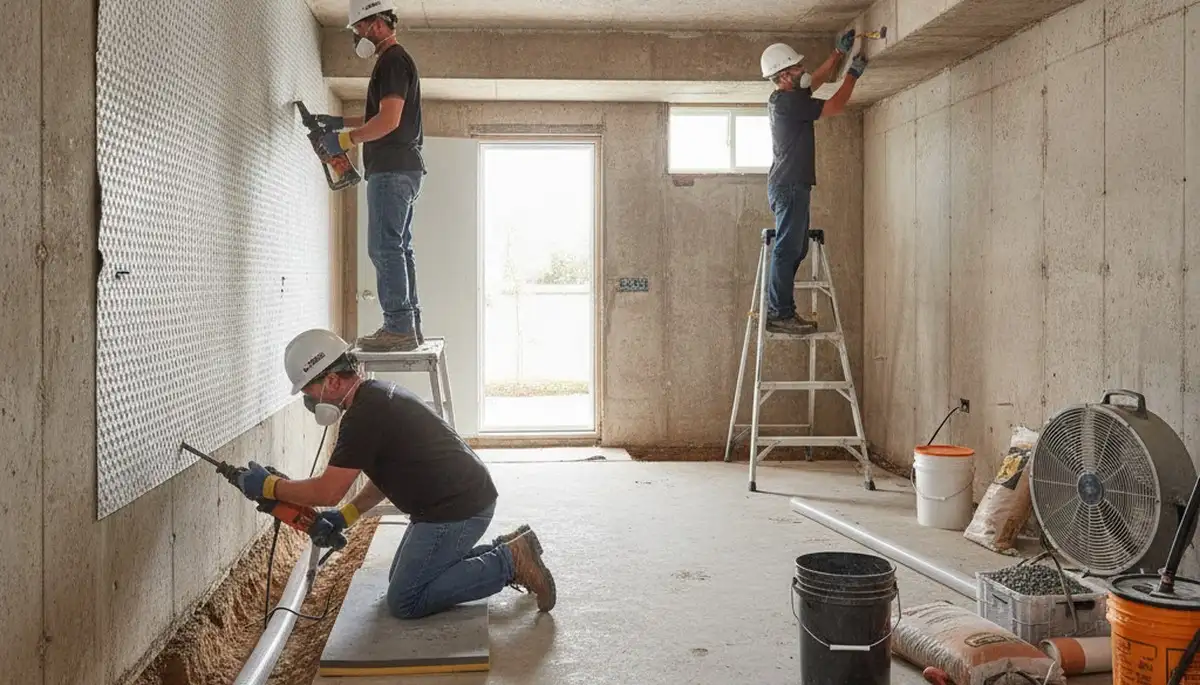 Fremont, CA water damage team inspecting basement waterproofing for wet winter moisture control