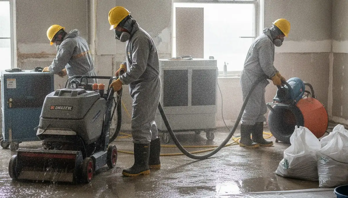 Flood damage cleanup crew in Fremont, CA, removing water from a home after seasonal flooding