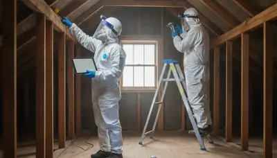 Mold inspection technician in Fremont, CA assessing moisture damage in a home
