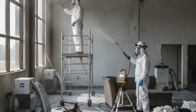 Odor removal technician for water damage in Fremont, CA, inspecting moisture damage in a home