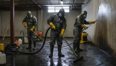 Sewage cleanup technician in Fremont, CA removing contaminated water from a home basement