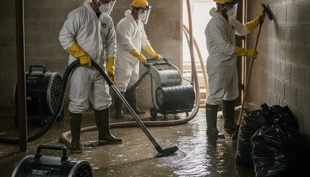 Sewer backup cleanup crew sanitizing a Fremont, CA home after water damage
